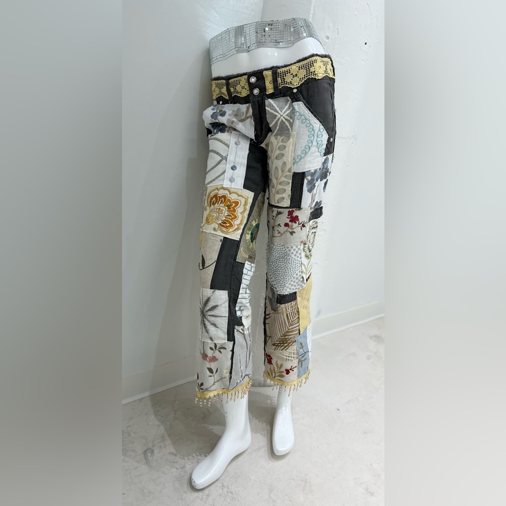 Embroidered Patchwork Linen Pants - image 1